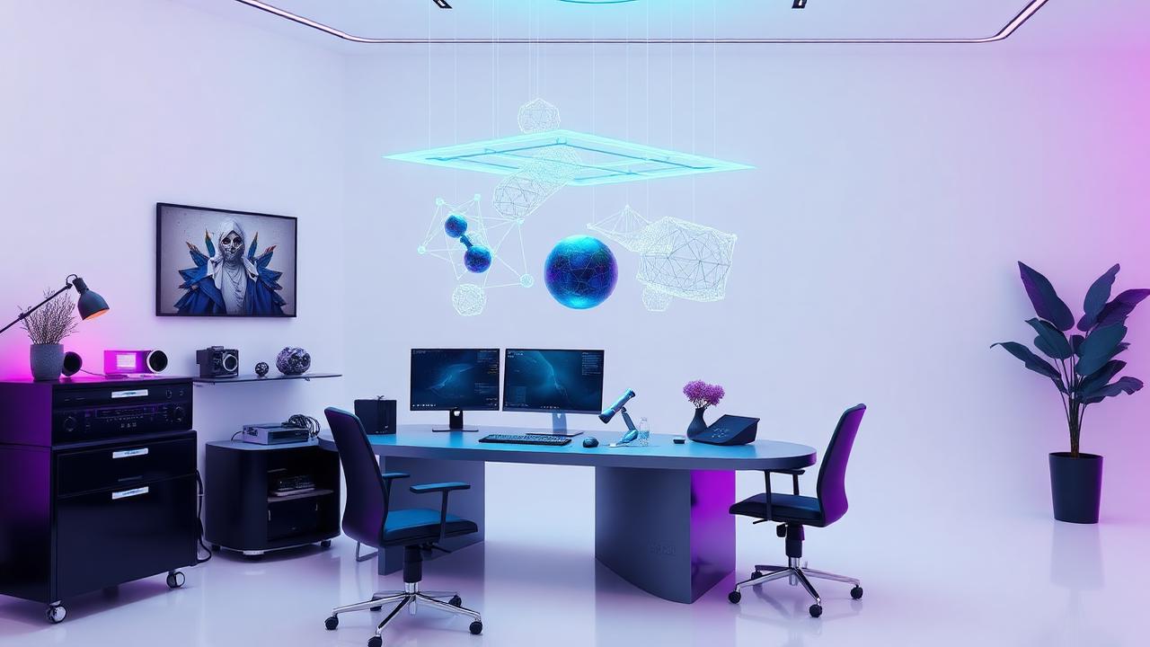 Futuristic AI 3D generation workspace with holographic wireframe models morphing into photorealistic objects