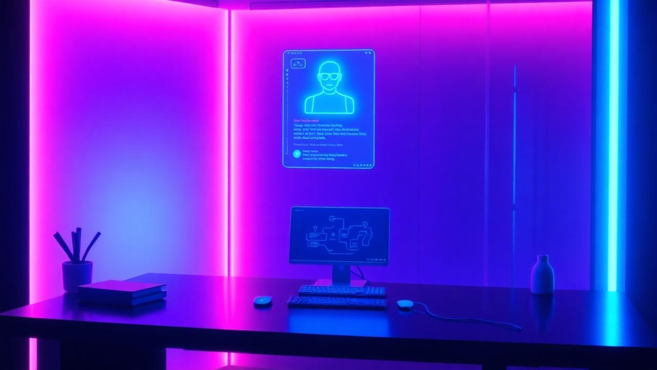 Glowing holographic AI agent interface floating above a modern workspace