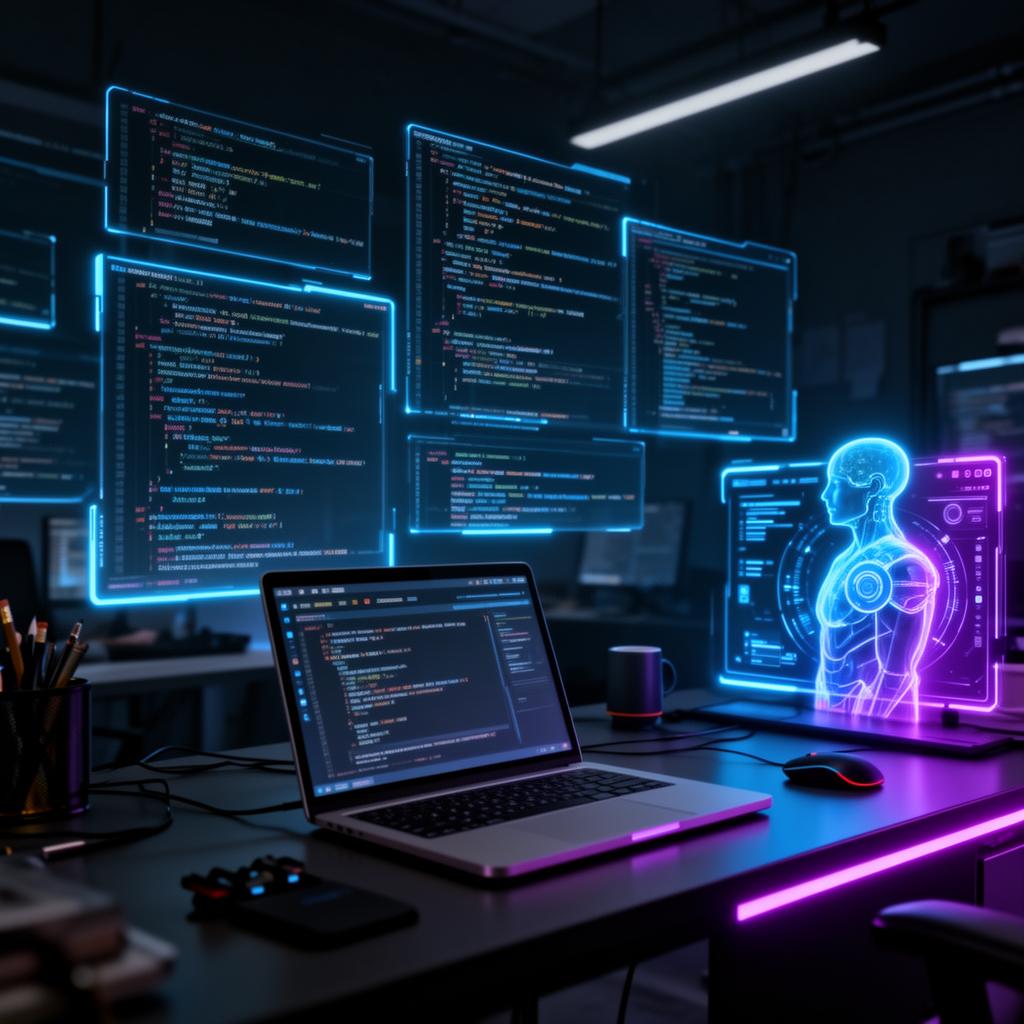 Futuristic developer workspace with holographic AI code assistant floating beside a laptop