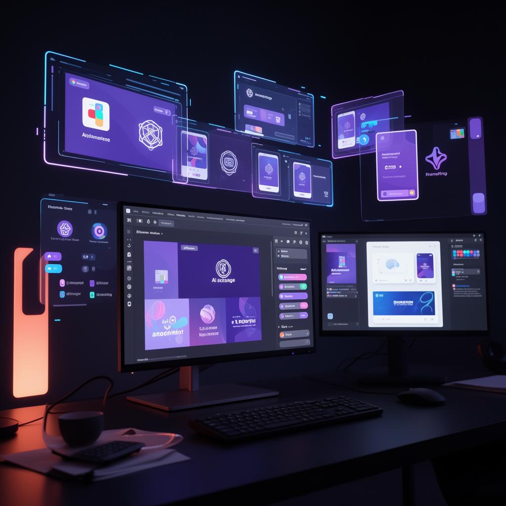 Futuristic creative workspace with holographic AI design interfaces showing logos, UI mockups, and marketing graphics with purple-blue and coral accents