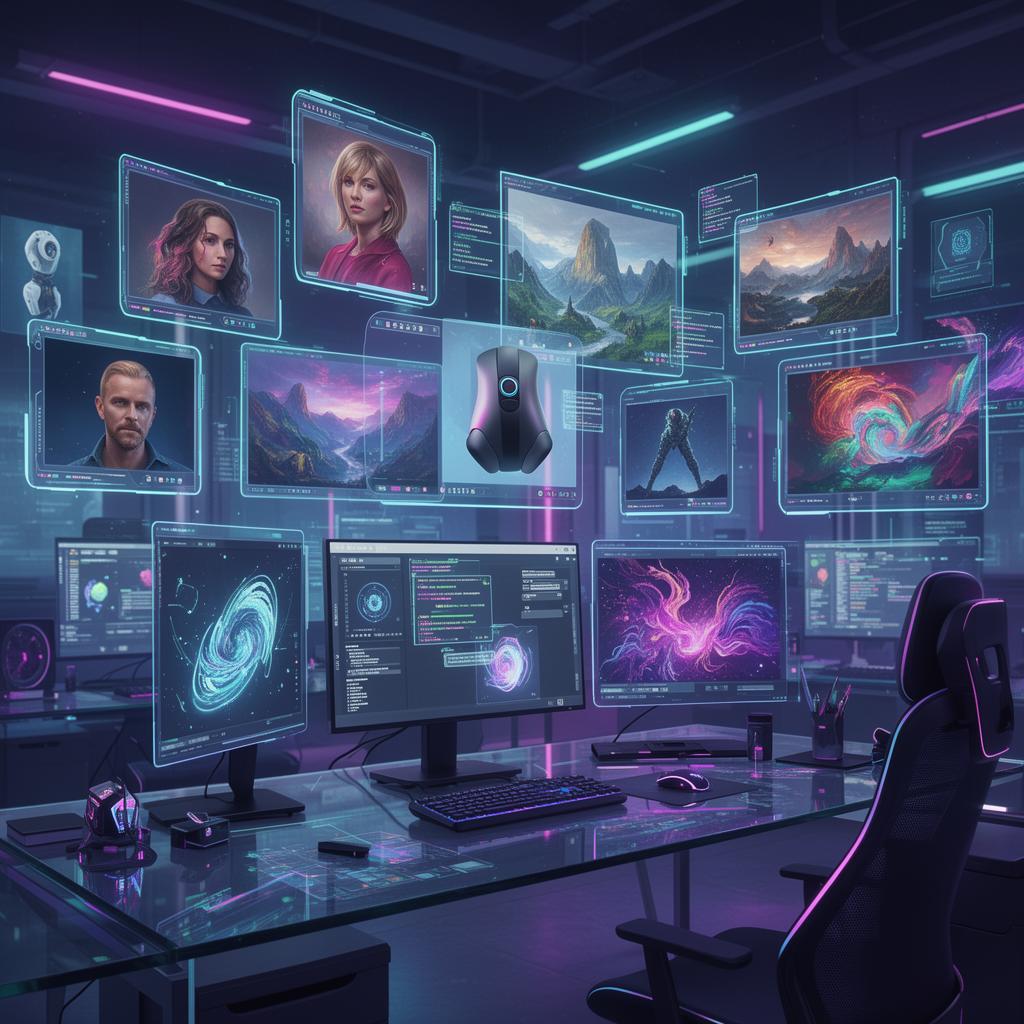Futuristic AI art studio with holographic image generation interfaces creating photorealistic and fantasy artwork from text prompts