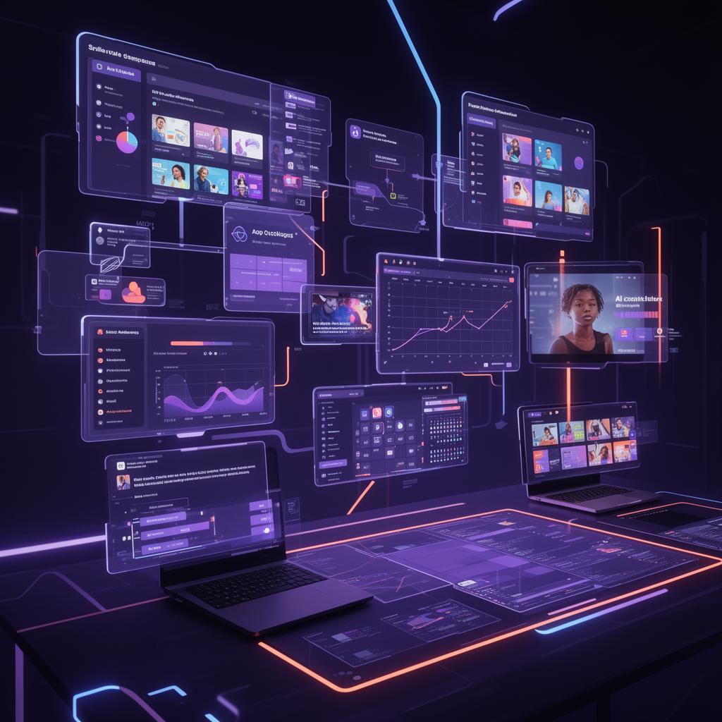 Futuristic AI marketing command center with holographic dashboards showing ad campaigns, email flows, social analytics, and content calendars with purple-blue and coral neon accents