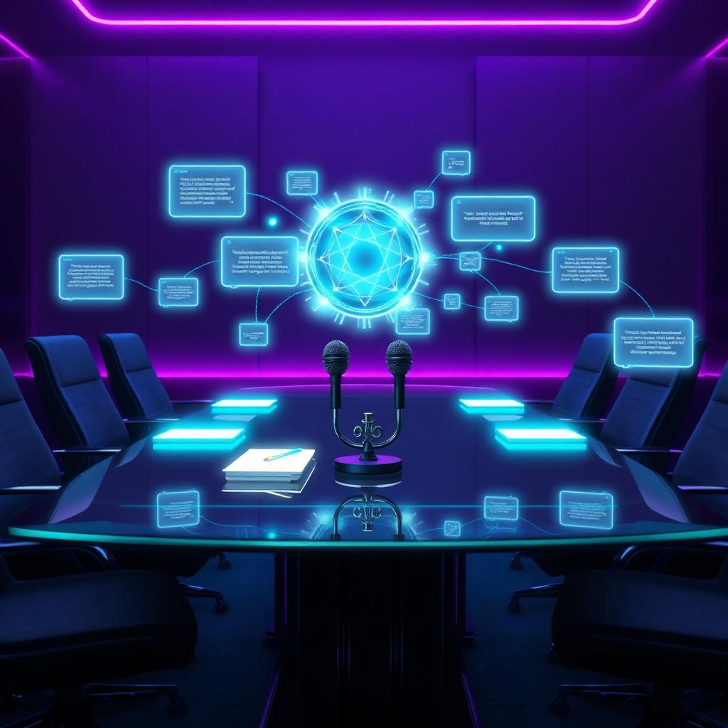 Futuristic AI meeting assistant transforming conference-room speech into glowing notes and action items in purple-blue and teal neon