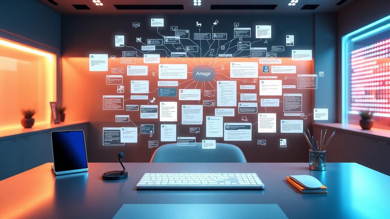 Futuristic AI knowledge workspace with holographic mind maps, interconnected notes, and intelligent assistant interface on a sleek digital desk