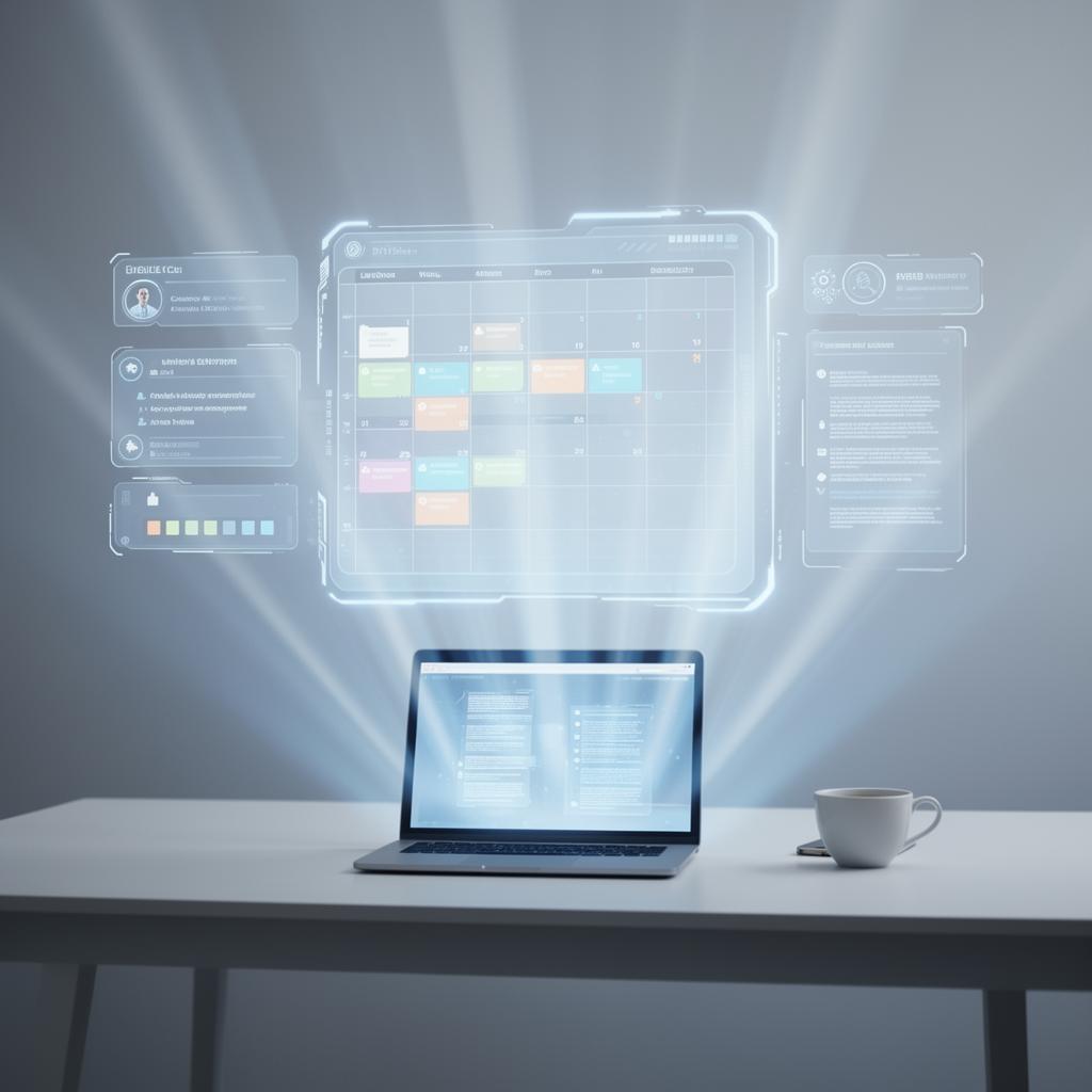 Futuristic holographic AI personal assistant interface floating above a modern desk with organized calendar, emails, tasks, and documents in soft blue light
