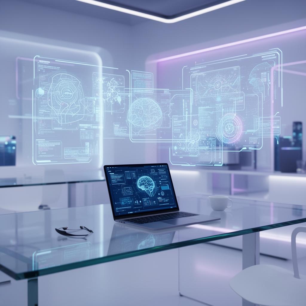 Futuristic AI presentation workspace with holographic slides and sleek laptop interface generating professional business decks