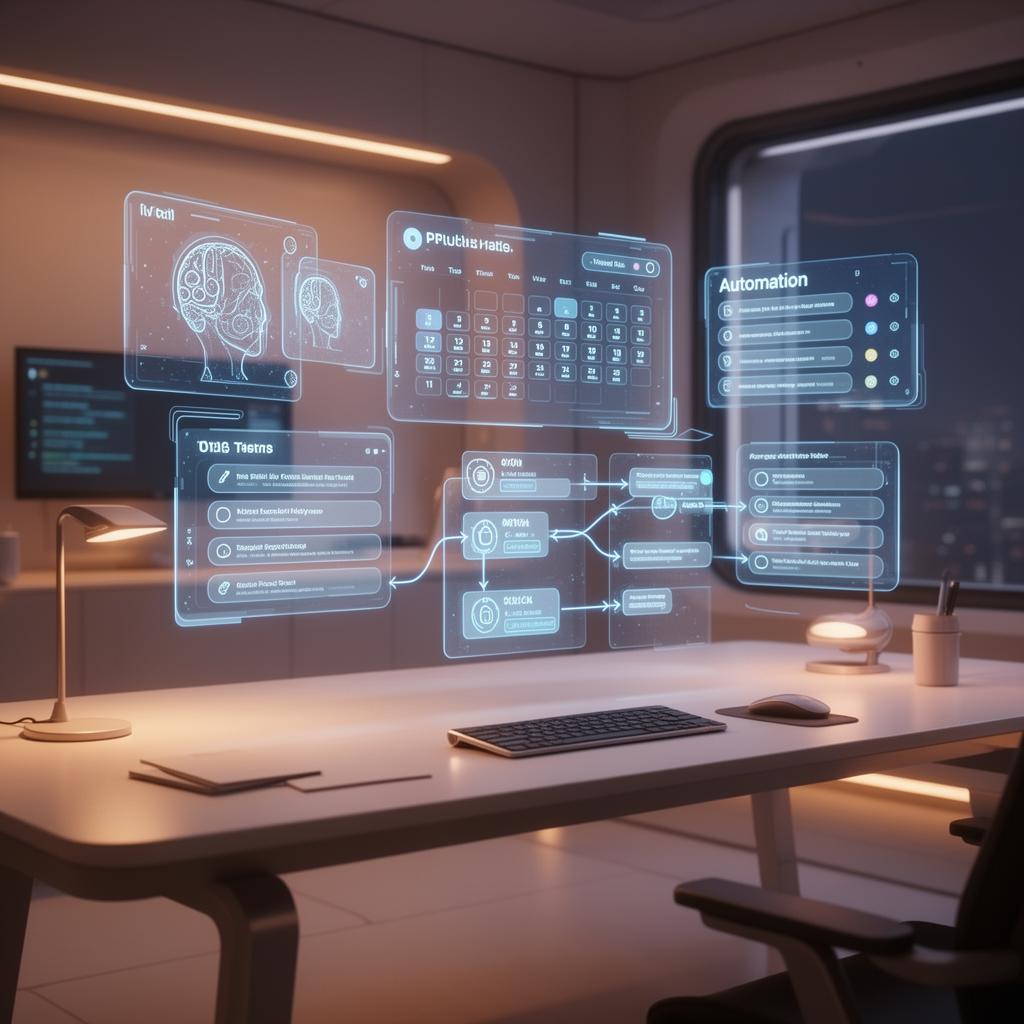 Futuristic AI productivity dashboard with calendar automation, task lists, and smart scheduling glowing on a modern workspace