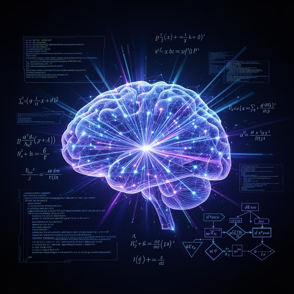 Futuristic holographic neural network brain visualization with mathematical formulas and logical flowcharts floating in deep blue and purple light