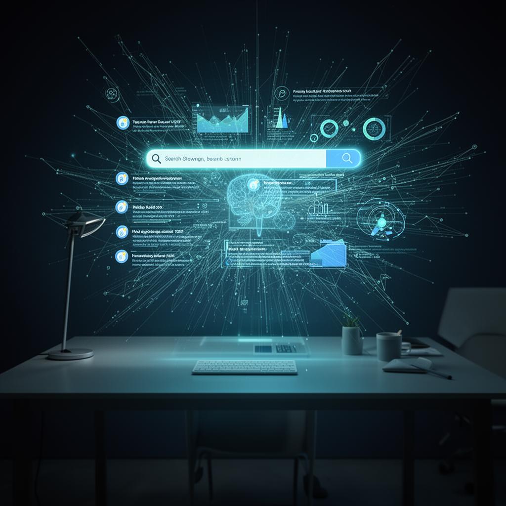 Futuristic holographic AI search interface with glowing knowledge graphs and neural connections