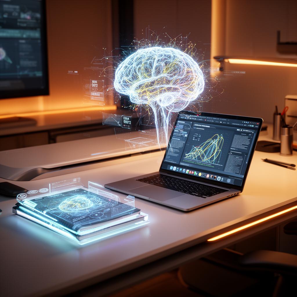 Modern student workspace with holographic AI tutoring interface and glowing study notes