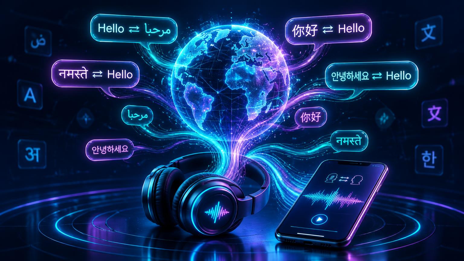 Futuristic glowing globe surrounded by multilingual speech bubbles and a dubbing waveform on a smartphone, in neon teal and violet