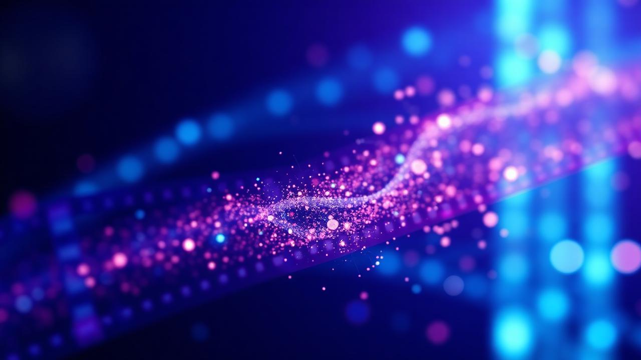 Glowing film strip dissolving into neural particles representing AI video generation in 2026