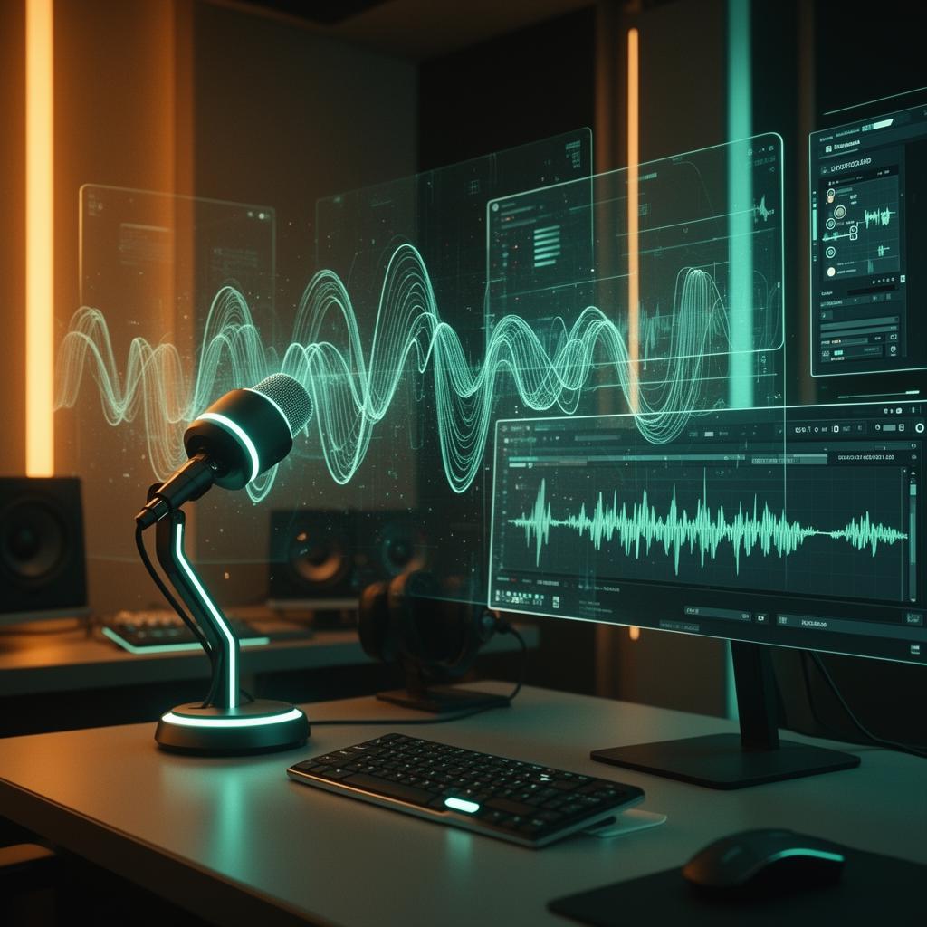 Futuristic AI voice studio with holographic sound waves and a glowing microphone