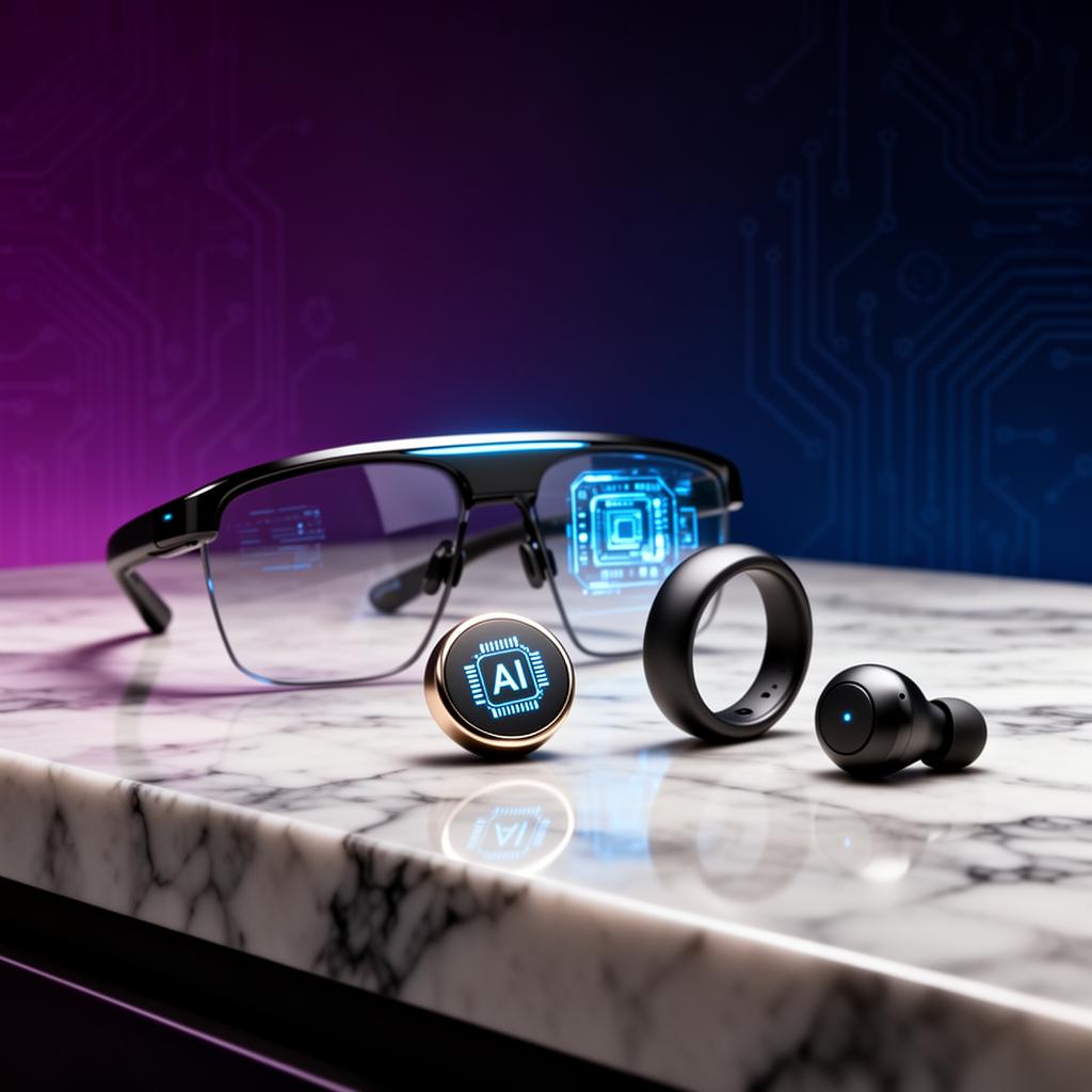 Collection of futuristic AI wearable devices including smart glasses, AI pin, earbuds, and ring on a sleek surface with purple-blue gradient lighting