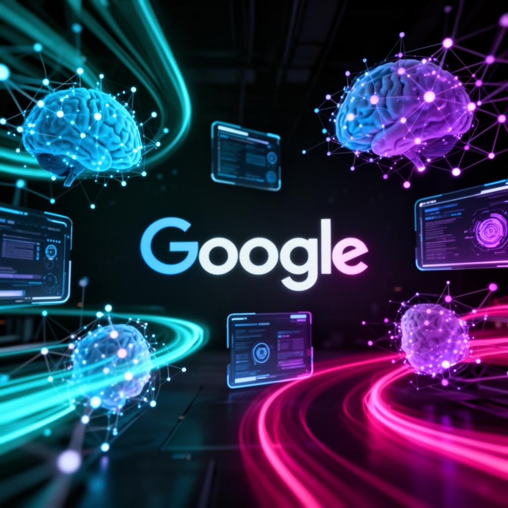 Futuristic Google AI neural network with glowing holographic action interfaces