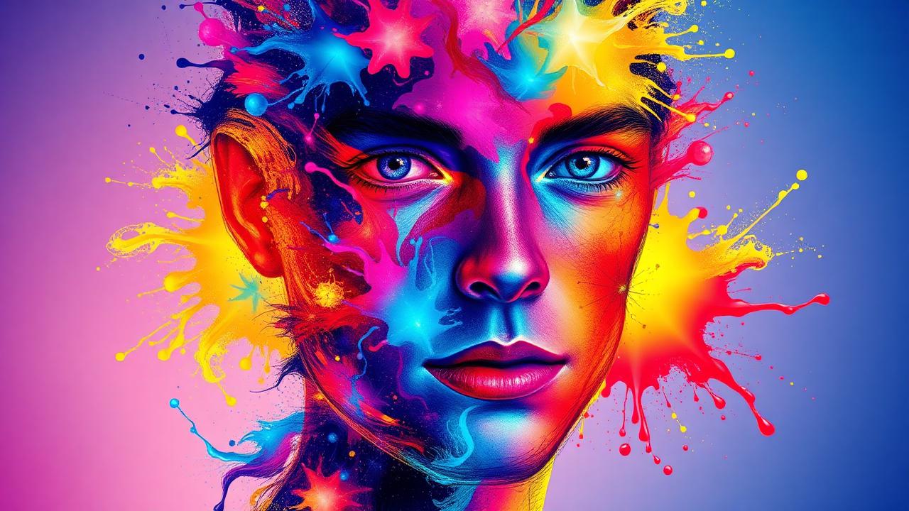 Vibrant AI generated portrait with paint splash effects representing generative art