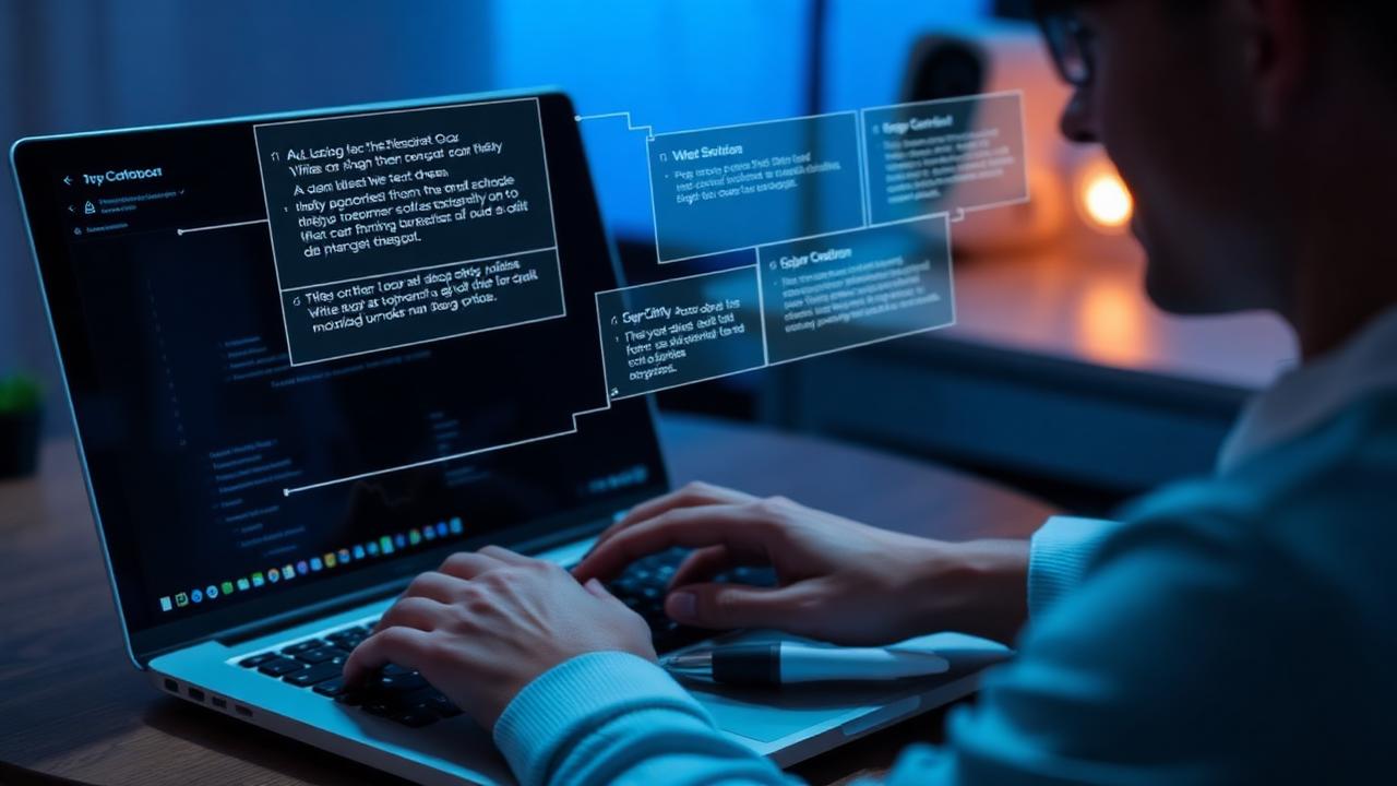 Writer using an AI writing assistant on a laptop with floating text suggestions